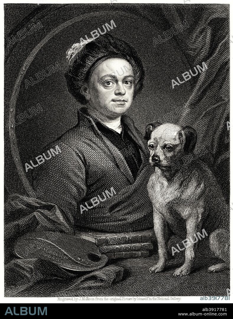 'Gulielmus Hogarth', 19th century. The portrait deliberately projects a guide to the way Hogarth (1697-1764) wanted others to think of him. The artist's painting in informal dress rests on a pile of books labelled (in the finished engraving) Shakespeare, Milton and Swift. William Shakespeare and John Milton were generally acknowledged to be the greatest modern English authors and Jonathan Swift was a vigorous modern satirist. The palette and graver represent Hogarth's twin roles as painter and engraver and the 'Line of Beauty' alludes to his favourite art theory. The only living object in the painting is Hogarth's pet pug, Trump. Hogarth announces himself as essentially English. He despised the slavish following of foreign models, and believed that art should be based on the imitation of nature, like the work of the great English authors.