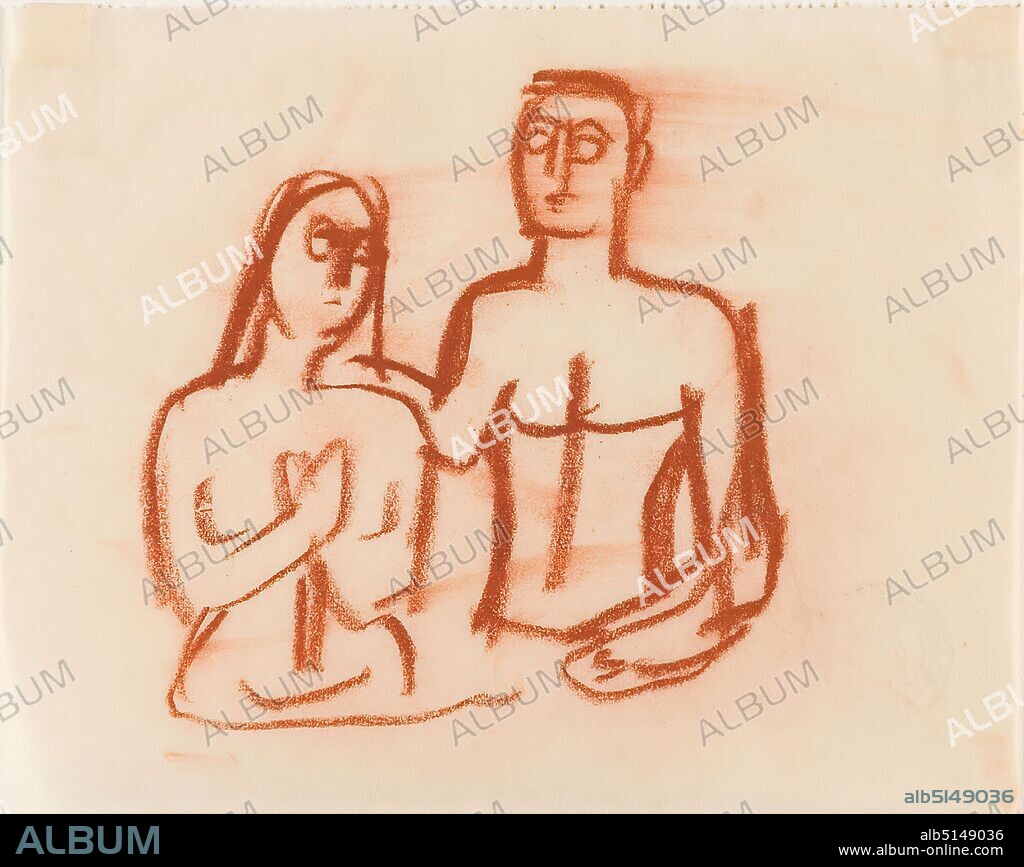 Gustav Heinrich Wolff, Male and Female Nudes, Red chalk, parchment, drawing, red chalk on parchment, Total: Height: 11.4 cm; Width: 14.5 cm, drawing, graphics, sketches, human body/figure/nude, lovers, lovers couple, Classic Modernism, Male and Female Nude as half-figures, from the sketchbook April-May 1924.