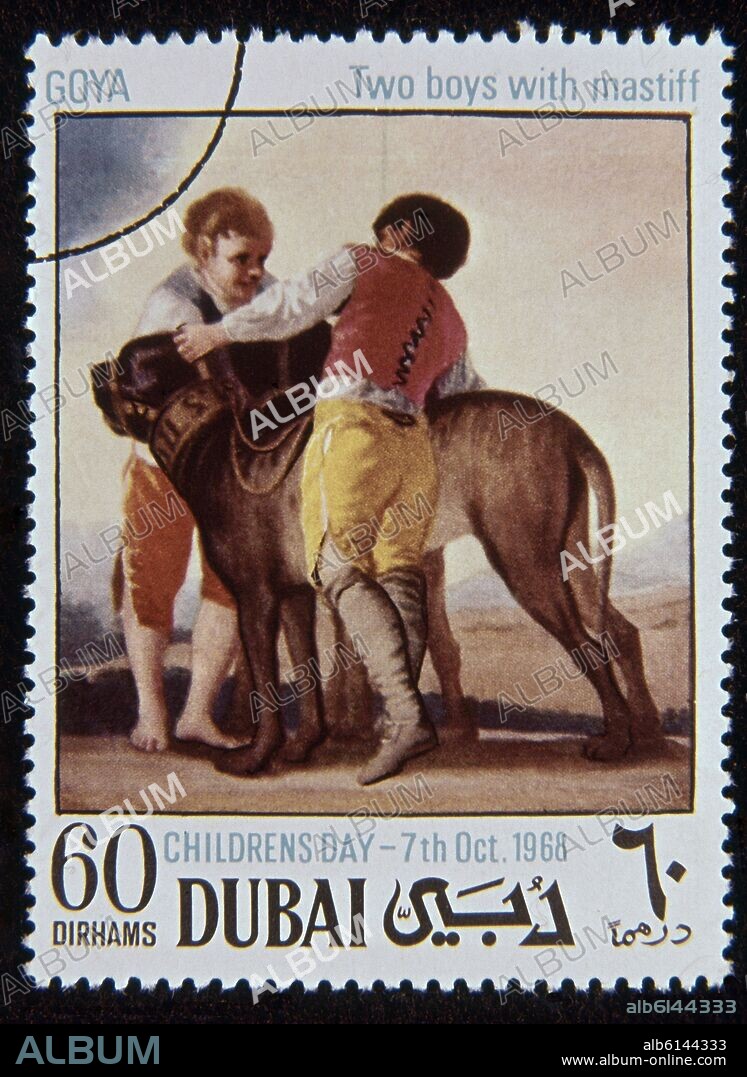 FRANCISCO DE GOYA. SELLO DE DUBAI - SERIE DIA DE LOS NIÑOS - DOS NIÑOS CON MASTIN DE GOYA.