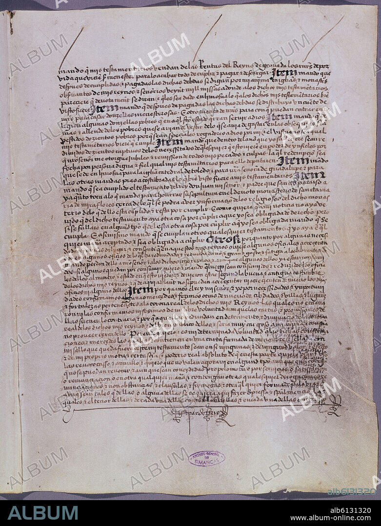 PAGINA 2 DEL TESTAMENTO DE ISABEL LA CATOLICA HECHO EN LA VILLA DE MEDINA DEL CAMPO A 12 DE OCTUBRE DE 1504.
