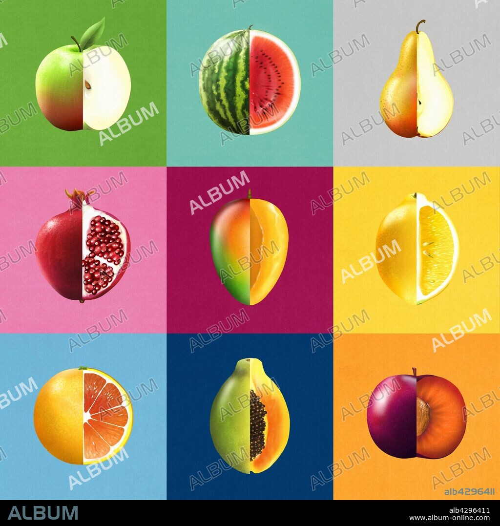 Montage of rows of bisected fruit showing cross sections.