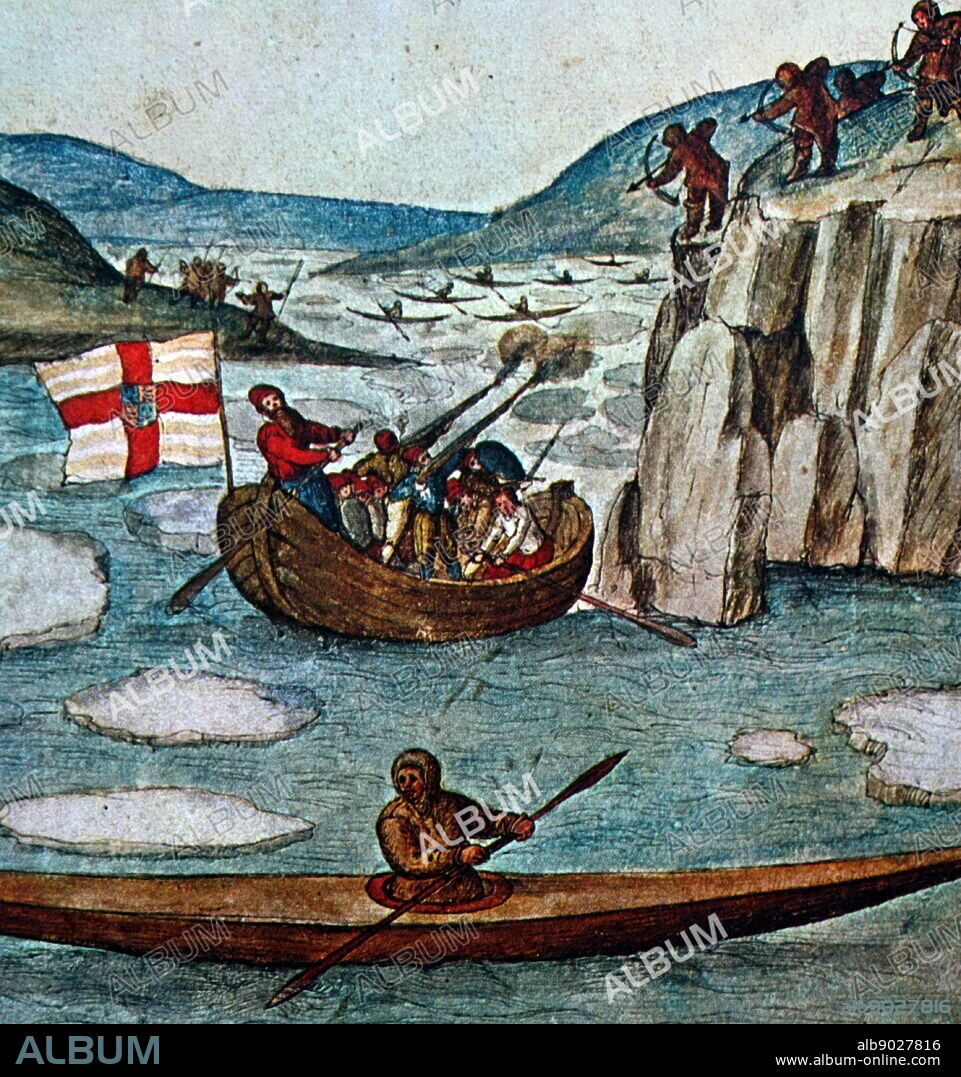 Watercolour by John White circa 1588 depicting Eskimo's (Inuit) in canoes traversing the North West Passage.