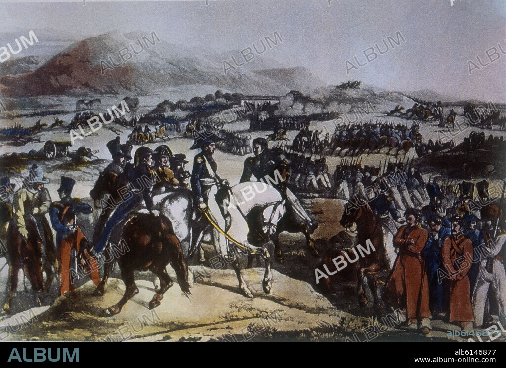 AUGUSTE RAFFET. BATALLA DE MAIPU (CHILE) EL 5 DE ABRIL DE 1818 - SAN MARTIN DERROTA A LOS REALISTAS CHILENOS - LITOGRAFIA - SIGLO XIX.