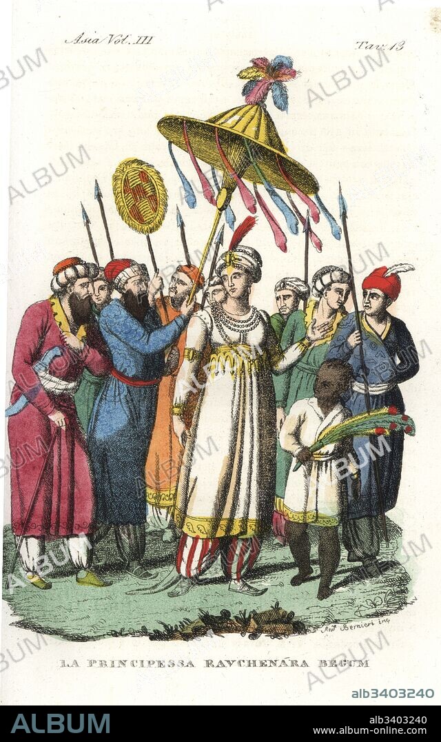 Moghul princess Ravchenara Begum on a walk with her entourage. A servant holds a large umbrella, a well dressed singer serenades her, and a boy slave uses a peacock feather to swat flies. Copied from Prevost's Histoire Generale Des Voyages. Handcoloured copperplate drawn and engraved by Andrea Bernieri from Giulio Ferrario's Ancient and Modern Costumes of all the Peoples of the World, Florence, Italy, 1844.