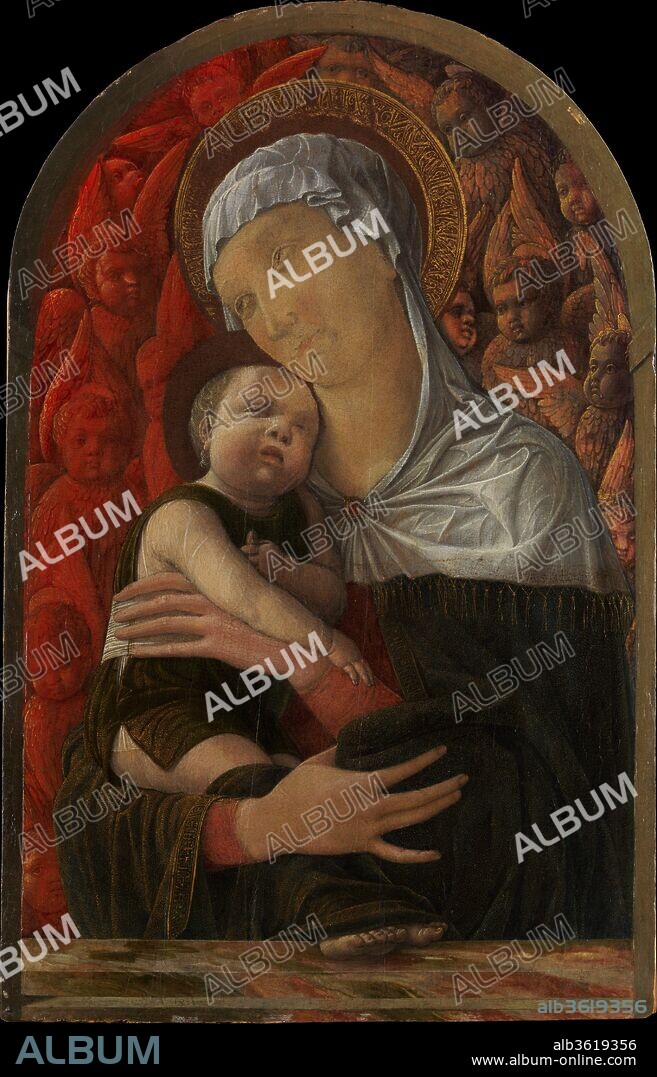 Madonna and Child with Seraphim and Cherubim. Artist: Andrea Mantegna (Italian, Isola di Carturo 1430/31-1506 Mantua). Dimensions: Arched top, 17 3/8 x 11 1/4 in. (44.1 x 28.6 cm). Date: ca. 1454.
The composition of this touching image, which may date to about 1454, is inspired by the sculpture of Donatello, who worked at Padua between 1443 and 1453. Its emotional intensity is compromised by abrasion to the paint surface (the face of the Virgin is almost obliterated). Only the cherubim on the right are well preserved. The illusionism of the arched setting is typical of Mantegna's desire to break through the picture plane and invade the space of the viewer.