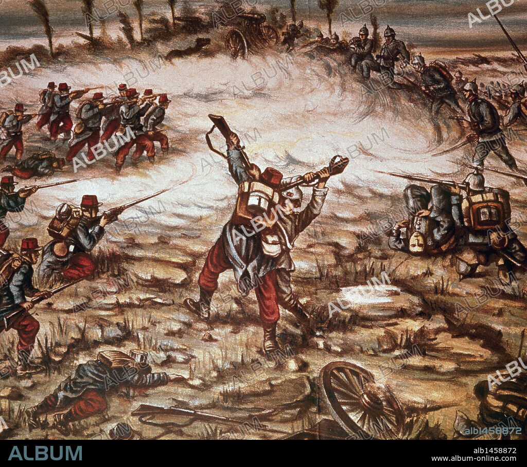 PRIMERA GUERRA MUNDIAL (1914-1918). Batalla entre tropas francesas y alemanas en el transcurso de la Gran Guerra. Dibujo.