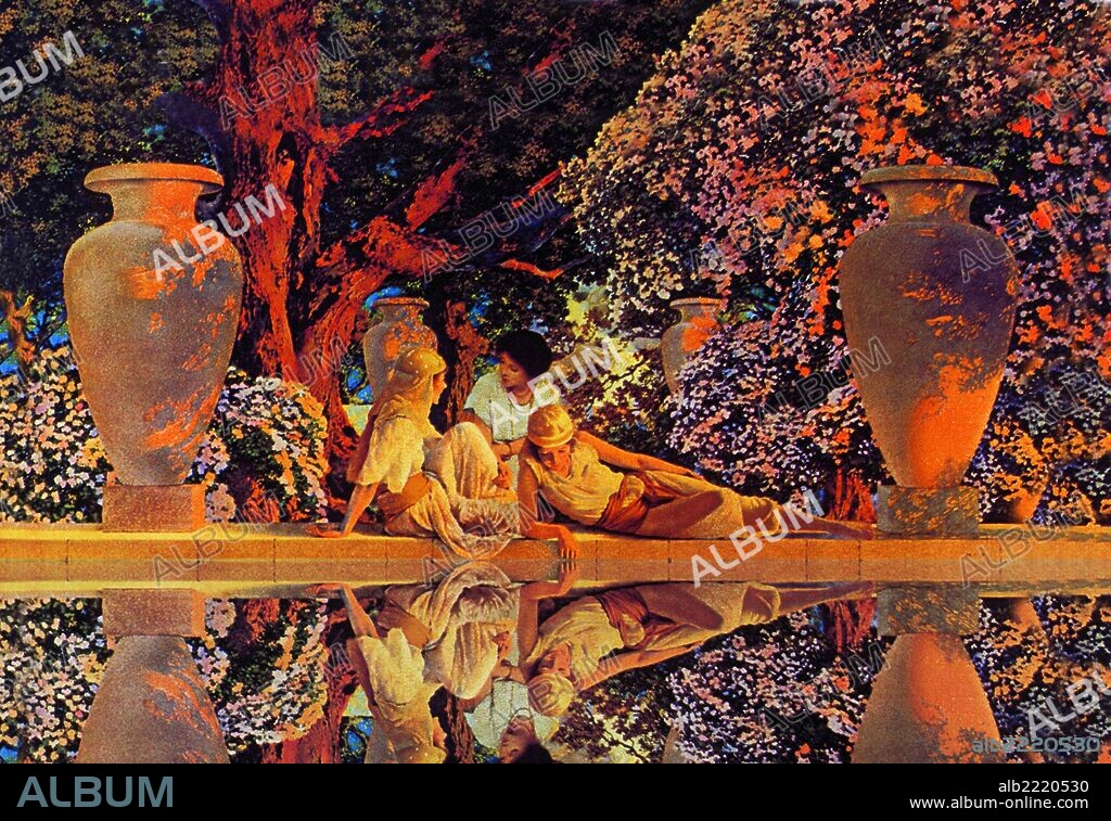 MAXFIELD FREDERICK PARRISH. Maxfield Parrish (1870 – 1966) was an American painter and illustrator.  He worked on comission on books, advertising campaigns, magazines, and even sculpture.  He was famous for his "girls on rocks" but his work went well beyond that series.