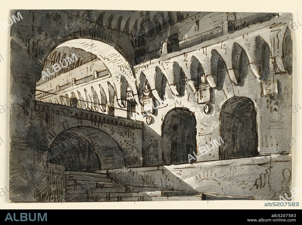 Stage Design, Fortress, Alessandro Sanquirico, Italian, 1777 - 1849, Pen and sepia ink, brush and wash on paper, Horizontal rectangle. Court of fortress with stairs leading downward, bridge across vault., Italy, early 19th century, theater, Drawing, Drawing.