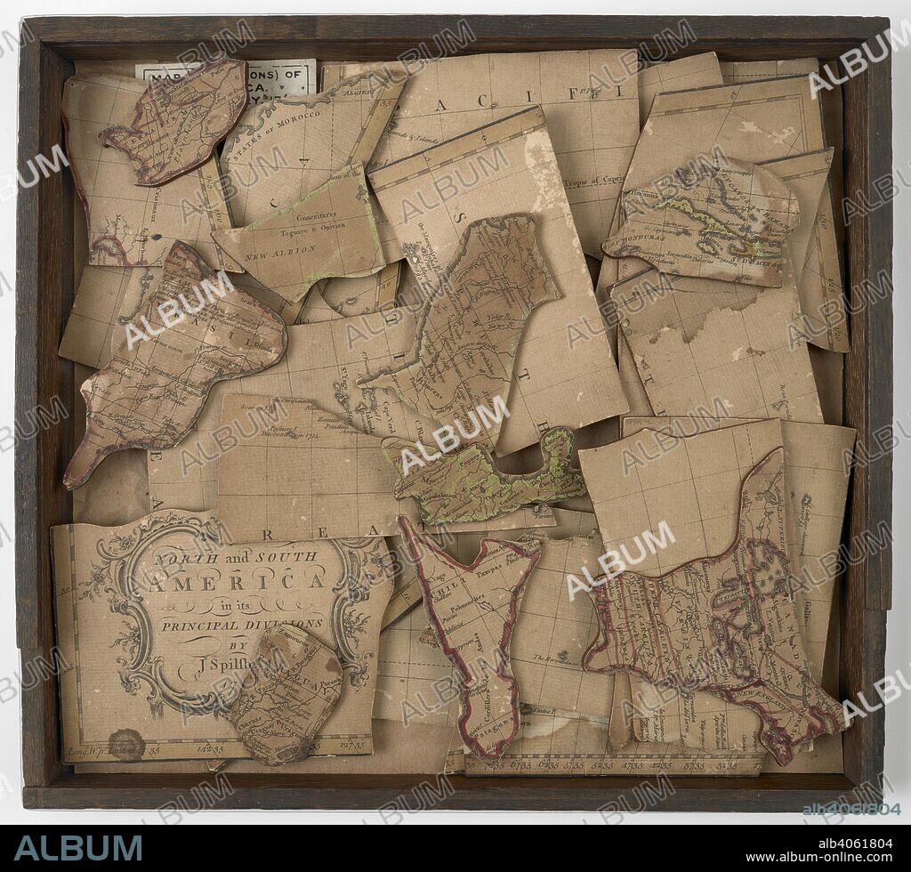 JOHN SPILSBURY. A map of North and South America in the form of a jigsaw puzzle. North and South America in its principal divisions / by J. Spilsbury. London : J. Spilsbury, 1767. In 39 pieces plus two or three missing for the southern Caribbean and modern Bolivia. The inside of the lid of the original box has an uncoloured map of America 14x16 cm.  1 map : 39 pieces, col ; 43 x 47 cm.; Scale not given. Source: Maps.188.v.15.