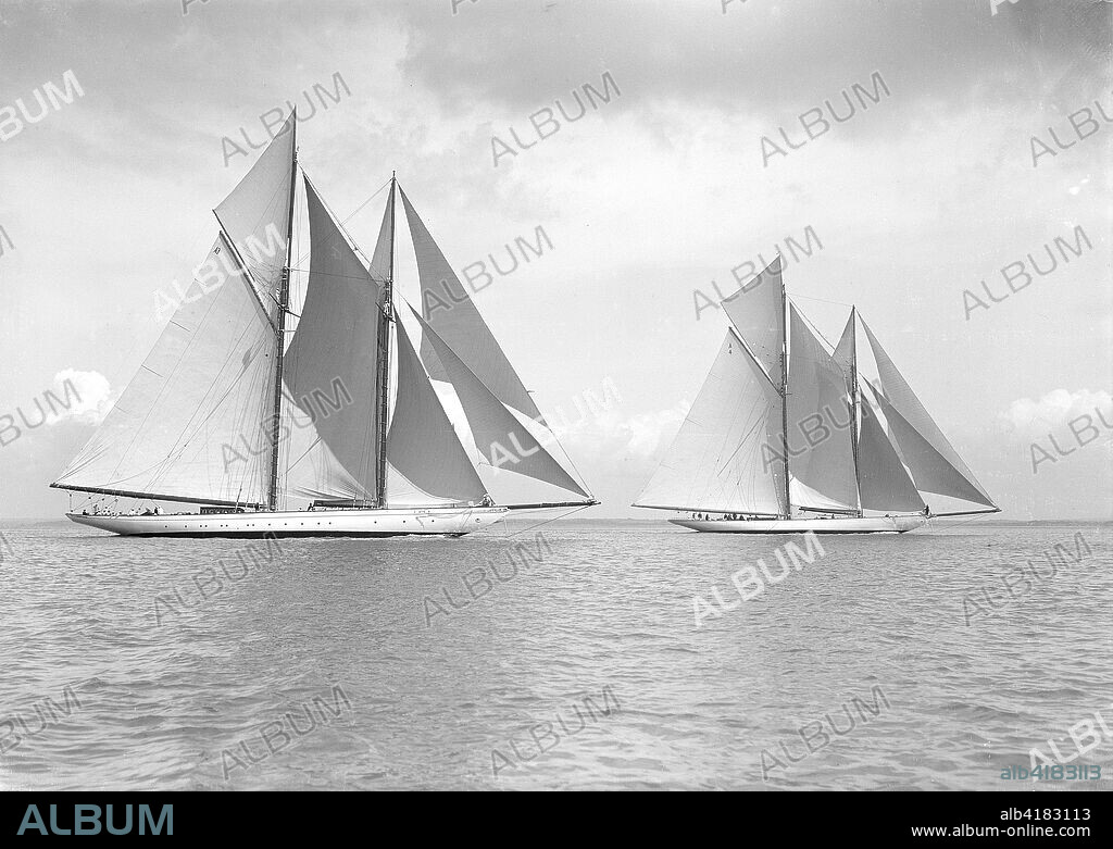 The magnificent schooners 'Germania' and 'Waterwitch', 1911. The 250 ton schooner 'Germania' was designed by Max Oertz and owned by the German industrialist Count Gustav Krupp von Bohlen und Halbach. 'Waterwitch' was designed by William Fife.