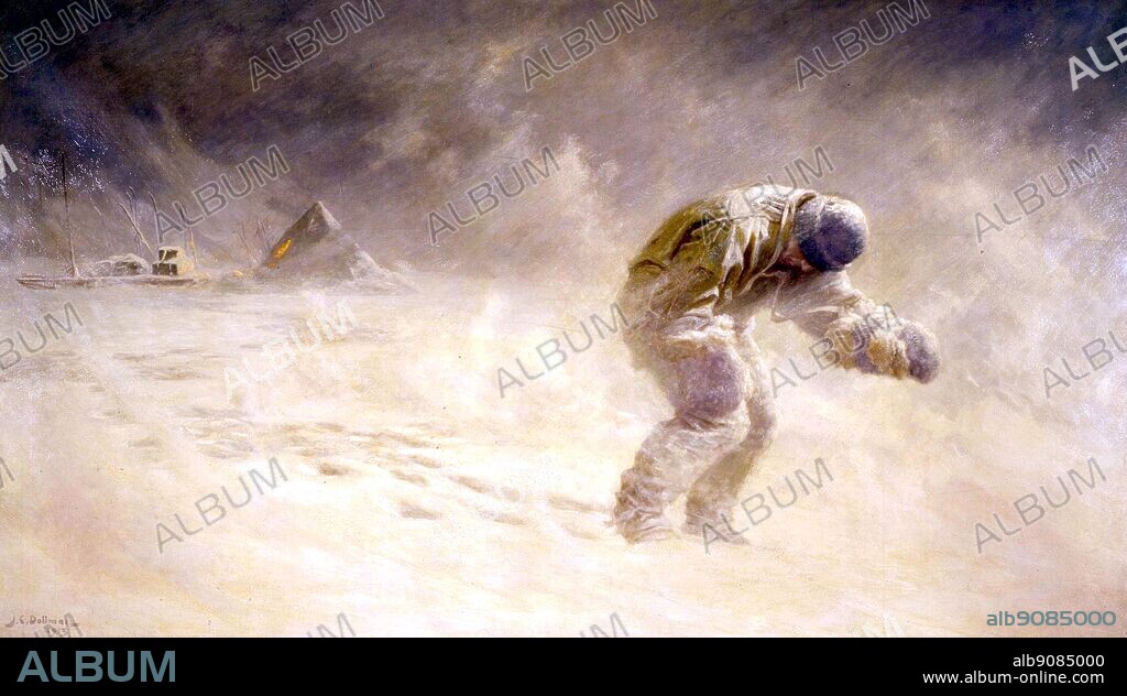Jacket illustration - 'A very gallant gentleman', 1913. Painting by John Dollman (1851-1934), of the self-sacrifice of Captain L. E. G. Oates, 17 March 1912, Cavalry Club, London (Photo J. R. Freeman). Lawrence Edward Grace Oates laid down his life for others, struggling against the frozen snow blizzard conditions, as he crossed Antarctica. From Antarctica: The Last Continent by Ian Cameron (book jacket).