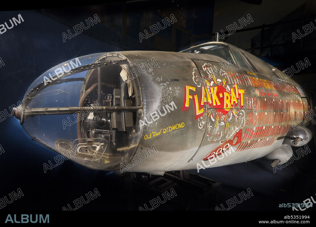 MARTIN AIRCRAFT CO.. Twin engine medium bomber.Wing Span 2,160 cm (850 in.), Length 1,780 cm (701 in.), Height 660 cm (260 in.), Weight 10,886 kg (23,999 lb). Project engineer Peyton M. Magruder designed the Glenn L. Martin Company's B-26 Marauder in response to an Army Air Corps specification issued in January 1939. This specification also caught the attention of North American Aviation, Inc., and that firm responded with the B-25. War fever caused the Air Corps to forego a prototype test stage and both bombers went from the drawing board straight into production. The consequences were deadly for men flying the Martin bomber. The Army threatened to withdraw the aircraft from combat, but Marauder crews stuck with their airplane. By war's end, they had lost fewer airplanes than almost any other combat unit and compiled a notable war record. The NASM B-26B-25-MA nicknamed "Flak-Bait" (AAF serial number 41-31773) survived 206 operational missions over Europe, more than any other American aircraft during World War II.