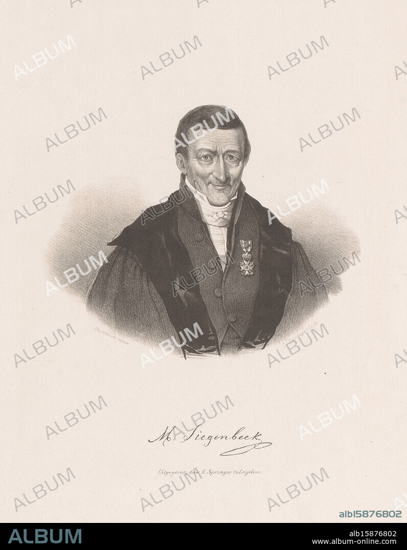 Portrait of Matthijs Siegenbeek, Below the portrait the signature of the sitter., print maker: Leendert Springer (I), printer: Leendert Springer (I), (circle of), after painting by: Ezechiel Davidson, Leiden, 1809 - 1853, paper, height 345 mm × width 258 mm, print.