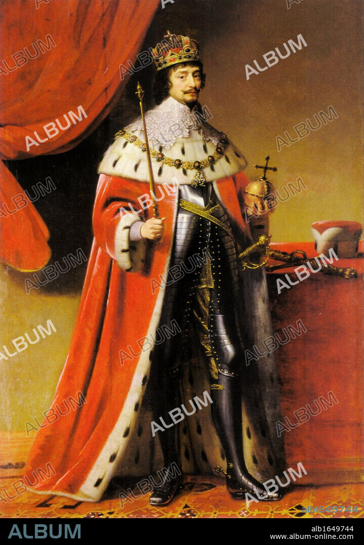 Frederick V (1596-1632) Elector Palatine from 1632, King of Bohemia 1619-1620. Protestant German prince: Accepted crown after Bohemian anti-Catholic revolt. Posthumous portrait by Gerrit  von Honthorst 1634. Regal Orb Sceptre.