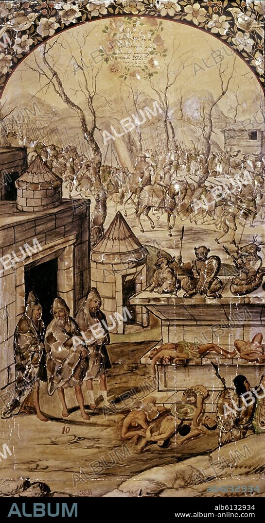 JUAN Y MIGUEL GONZALEZ PINTORES SIGLO XVII. CONQUISTA DE MEXICO-TRES HECHICEROS GUARDAN LOS CUERPOS DE LOS SACRIFICADOS - ENCONCHADO 1698.