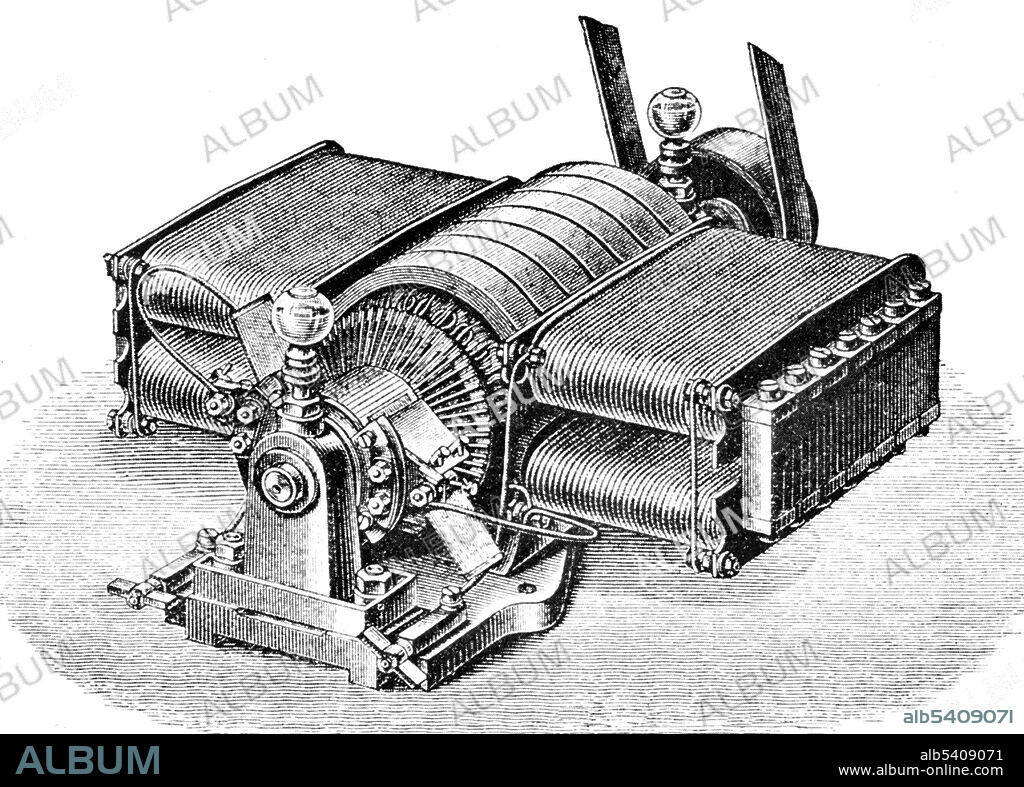 An early type of Siemens' Self Exciting dynamo (1873) with drum-wound armature and bar commutator. A dynamo is an electrical generator that creates direct current using a commutator. Dynamos were the first electrical generators capable of delivering power for industry, and the foundation upon which many other later electric-power conversion devices were based, including the electric motor, the alternating-current alternator, and the rotary converter. Charles William Siemens (April 4, 1823 - November 19, 1883) was a German-born engineer who for most of his life worked in Britain and later became a British subject. The regenerative furnace is his greatest single invention using the Siemens-Martin process. The electric pyrometer, which is perhaps the most elegant and original of all his inventions, is also the link which connects his electrical with his metallurgical researches. Siemens pursued two major themes in his inventive efforts, one based upon the science of heat, the other based upon the science of electricity; and the electric thermometer was, as it were, a delicate cross-coupling which connected both. He died in 1883 at the age of 60. No artist credited, 1873.