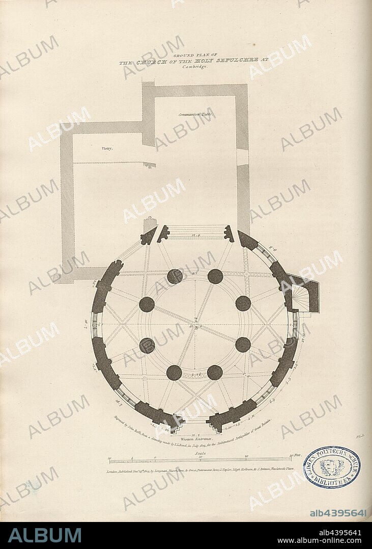 Ground Plan of the Church of the Holy Sepulchre at Cambridge, Ground plan of the Round Church in Cambridge, signed: Engraved by John Roffe, from a drawing made by JL Bond, Fig. 17, Pl. I, p. 8, Bond, John Linnell (draw.); Roffe, John (engr.), 1805, John Britton: The architectural antiquities of Great Britain: represented and illustrated in a series of views, elevations, plans, sections and details of various ancient English edifices: with historical and descriptive accounts of each. Bd. 1. London: J. Taylor, 1807-1826.