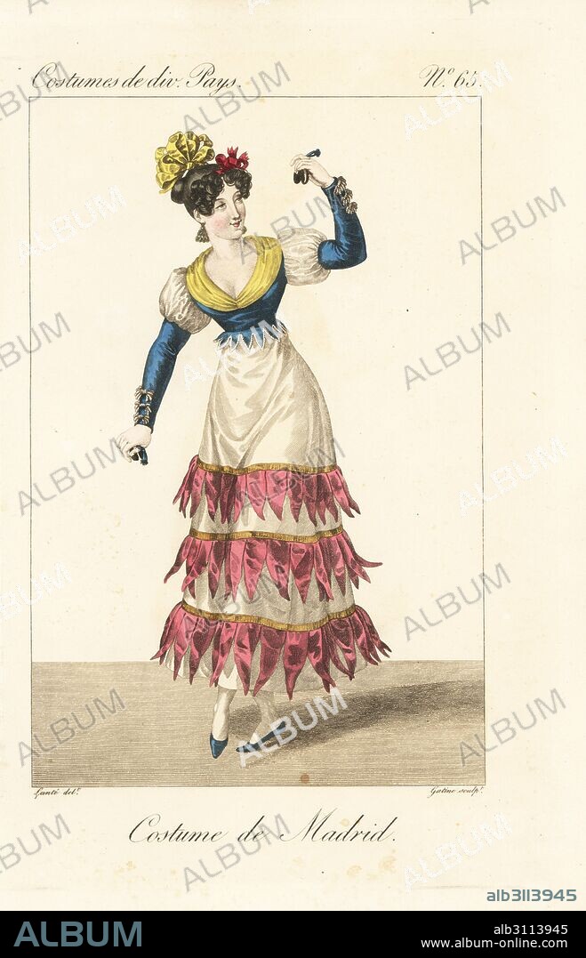 Dancer of Madrid, Spain, 19th century. In a dress for the fandango or bolero with short petticoat, tight corset, and hair tied up in ribbons. Handcoloured copperplate engraving by Georges Jacques Gatine after an illustration by Louis Marie Lante from Costumes of Various Countries, Costumes de Divers Pays, Paris, 1827.