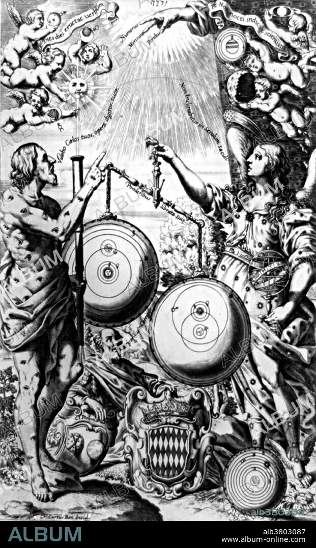 Riccioli's, Almagestum Novum (1651), depicting Urania, the muse of astronomy, weighing up the rival systems of Copernicus, in which the earth moves round the sun, and Riccioli himself, in which the earth remains stationary at the center of the universe. The older system of Ptolemy has already been discarded and lies on the ground alongside. Giovanni Battista Riccioli (April 17, 1598 - June 25, 1671) was an Italian astronomer and a Catholic priest in the Jesuit order. He is known for his experiments with pendulums and with falling bodies, for his discussion of 126 arguments concerning the motion of the Earth, and for introducing the current scheme of lunar nomenclature. One of Riccioli's most significant works was his 1651 Almagestum Novum (New Almagest), an encyclopedic work consisting of over 1500 folio pages densely packed with text, tables, and illustrations. It became a standard technical reference book for astronomers all over Europe. He continued to publish on both astronomy and theology up to his death. He died in 1671 at the gas of 73.