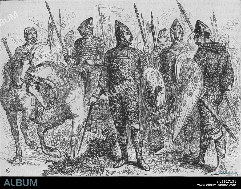 'Group of Norman Soldiers (A.D. 1066)', c1880. The Battle of Hastings was fought on 14 October 1066 between the Norman-French army of William, the Duke of Normandy, and an English army under the Anglo-Saxon King Harold Godwinson, beginning the Norman conquest of England. From British Battles on Land and Sea, Vol. I, by James Grant. [Cassell Petter & Galpin, London, Paris & New York, c1880].