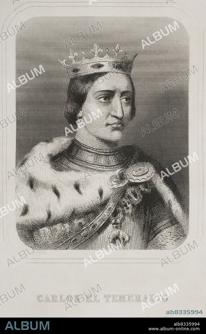 CHARLES GEOFFROY (1819-1882). FRENCH ENGRAVER.. Carlos I de Borgoña (1433-1477), llamado "el Audaz" o "el Temerario". Duque de Borgoña. Retrato. Grabado por Geoffroy. Historia Universal, por César Cantú. Tomo VIII. 1858.