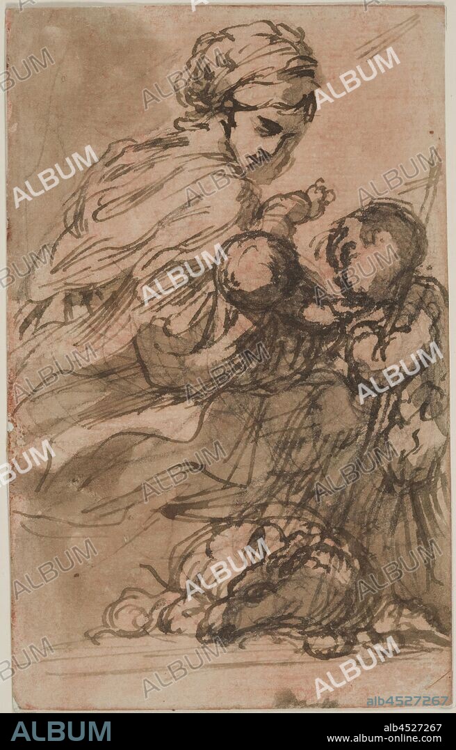 Carlo Alberto Baratta, Italian, 1754-1815, Madonna and Child with the Infant Saint John, between 1754 and 1815, pen and brown ink with brown wash over black chalk on buff laid paper washed with red chalk, Sheet: 5 11/16 × 3 1/2 inches (14.4 × 8.9 cm).