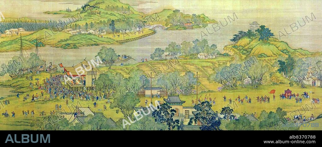 'Along the River During the Qingming Festival' is a painting by the Song dynasty artist Zhang Zeduan (10851145). It captures the daily life of people and the landscape of the Northern Song capital, Bianjing, today's Kaifeng. The theme is said to celebrate the festive spirit and worldly commotion at the Qingming Festival, rather than the holiday's ceremonial aspects, such as tomb sweeping and prayers.<br/><br/>. Successive scenes reveal the lifestyle of all levels of the society from rich to poor as well as different economic activities in rural areas and the city, and offer glimpses of period clothing and architecture. The scroll is 25.5 centimetres (10.0 inches) in height and 5.25 meters (5.74 yards) long. In its length there are 814 humans (of whom only 20 are women), 28 boats, 60 animals, 30 buildings, 20 vehicles, 8 sedan chairs, and 170 trees. The countryside and the densely populated city are the two main sections in the picture, with the river meandering through the entire length.<br/><br/>. The original painting is the most celebrated work of art from the Song dynasty. Due to this high artistic reputation, it has inspired several works of art that revived and updated the style of the original. The version presented here was made by five Qing dynasty court painters (Chen Mu, Sun Hu, Jin Kun, Dai Hong and Cheng Zhidao) and presented to the Qianlong Emperor on January 15, 1737.<br/><br/>. There are many more people, over 4,000, in the Qing remake, which also is much larger (at 11 metres by 35 cm, or 37 ft by 1 ft). The full scroll should be viewed from right to left.