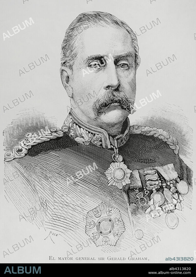 BERNARDO RICO (1825-1894). SPANISH PAINTER AND ENGRAVER.. Sir Gerald Graham (1831-1899). British Lieutenant General in the Corps of Royal Engineers. Portrait. Engraving by Bernardo Rico. La Ilustración Española y Americana (The Spanish and American Illustration), March 15, 1884.