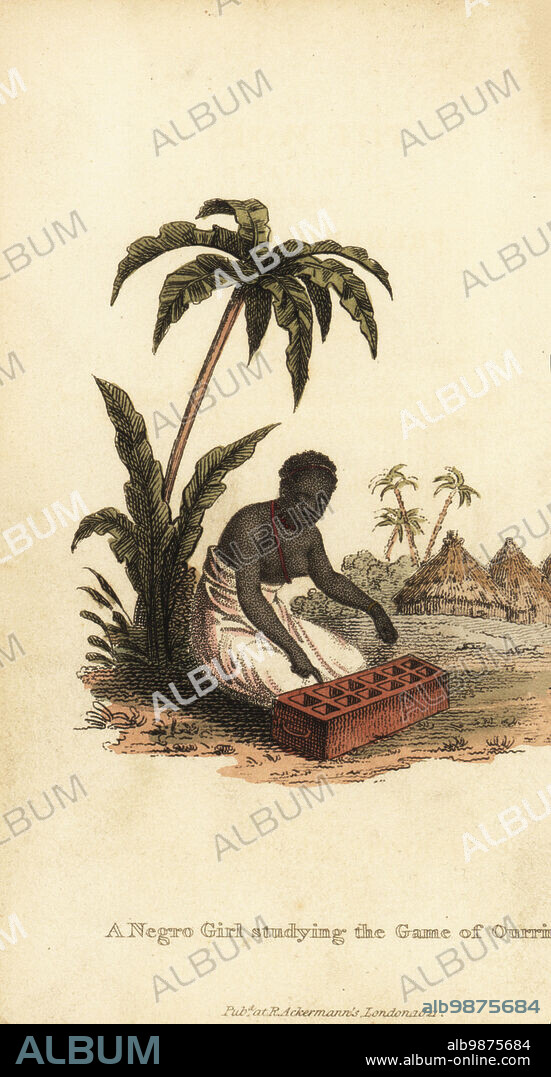 Woman playing the board game of Ouri, Senegambia. Also known as Wari, Oware and Ayoayo. A negro girl studying the game of Ourri. Negresse etudiant le jeu de ouri. Handcoloured copperplate engraving from Frederic Shoberls The World in Miniature: Africa, A description of the manners and customs Moors of the Sahara and of the Negro Nations, R. Ackermann, England, 1821.