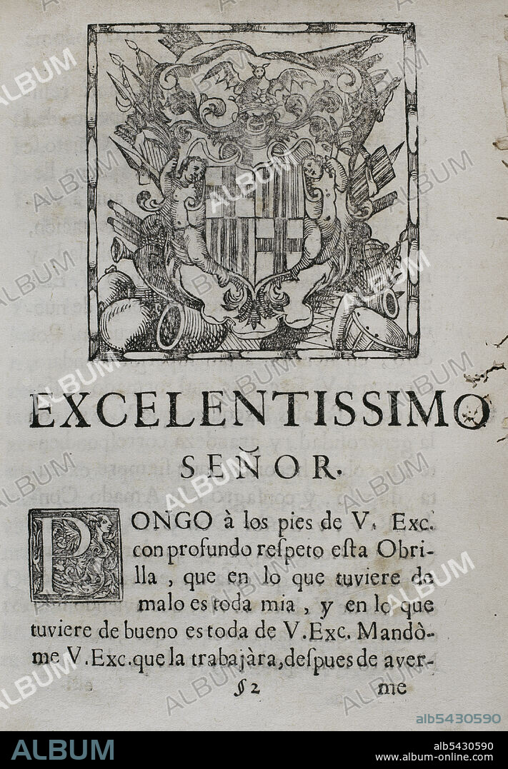 JOSEP DE ROCABERTí (1672/73-1716). SPANISH JESUIT AND TEACHER.. Tears of Love, shed by the eminent City of Barcelona... in the magnificent mourning rituals dedicated to the beloved and venerated memory of her deceased King and Lord, don Carlos II ("Lagrimas amantes de la excelentissima ciudad de Barcelona, con que agradecida a las reales finezas y beneficios, demuestra su amor y su dolor, en las magnificas exequias que celebró a las amadas y venerables memorias de su difunto Rey y Señor, D. Carlos II"). By Josep Rocaberti. Edition in Barcelona, in the printing of Juan Pablo Marti, by Francisco Barnola, 1701. Historical Military Library of Barcelona, Catalonia, Spain.