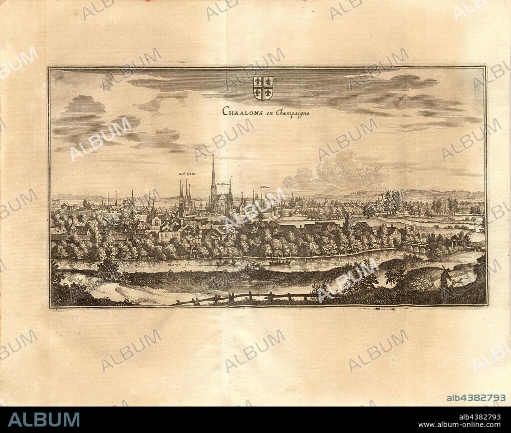 Champones n Champagne, Châlons-en-Champagne in France, Fig. 33, Third Part, after p. 8, Martin Zeiller: Topographia Galliae, oder, Beschreibung und Contrafaitung der vornehmbsten und bekantisten Oerter in dem mächtigen und grossen Königreich Franckreich: beedes auss eygner Erfahrung und den besten und berühmbtesten Scribenten so in underschiedlichen Spraachen davon aussgangen seyn auch auss erlangten Bericht- und Relationen von etlichen Jahren hero zusammengetragen in richtige Ordnung gebracht und auff begehren zum Druck verfertiget. Bd. 2. Frankfurt am Mayn: Im Verlag Caspar Merians, M DC LVI [1656].