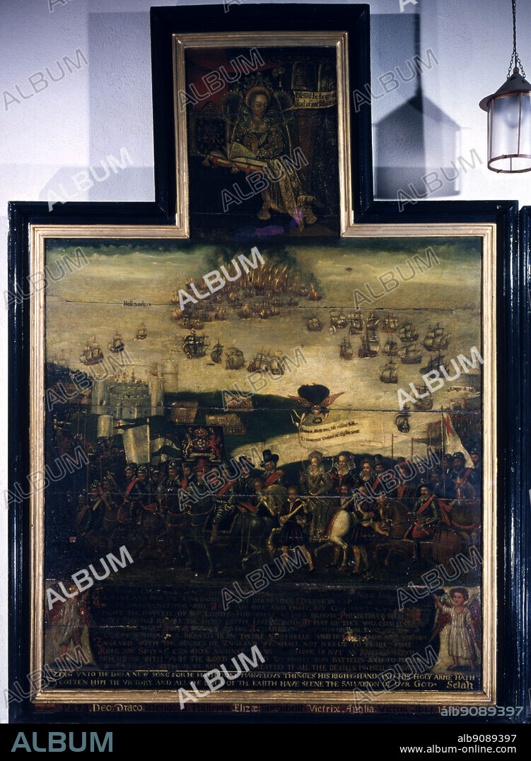 The Arrival of Queen Elizabeth I (1530-1603) at Tilbury; and the Defeat of the Spanish Armada - August 1588 - addressing her troops - left hand panel, by English School (17th century) said to be painted on wood from an Armada ship. St. Faith's Church, Gaywood, Kings Lynn, Norfolk, UK. "Blessed be the great god of my salvation". ©2006 TopFoto.