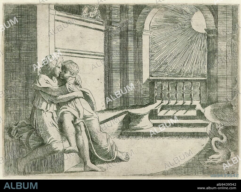 Abimelech sees Isaac loving Rebekah, Biblical scenes (series title), Historia del Testamento Vecchio / Dipinta in Roma nel Vaticano da Raffaelle di Urbin (...) (series title), Isaac embracing Rebekah. Abimilech, Rebekah's husband, looks on from the background and makes a repelling gesture. Numbered lower right: 22., print maker: Sisto Badalocchio, after painting by: Rafaël, publisher: Giovanni Orlandi, print maker: Italy, after painting by: Vaticaanstad, publisher: Rome, Italy, 1607, paper, etching, height 131 mm × width 178 mm.