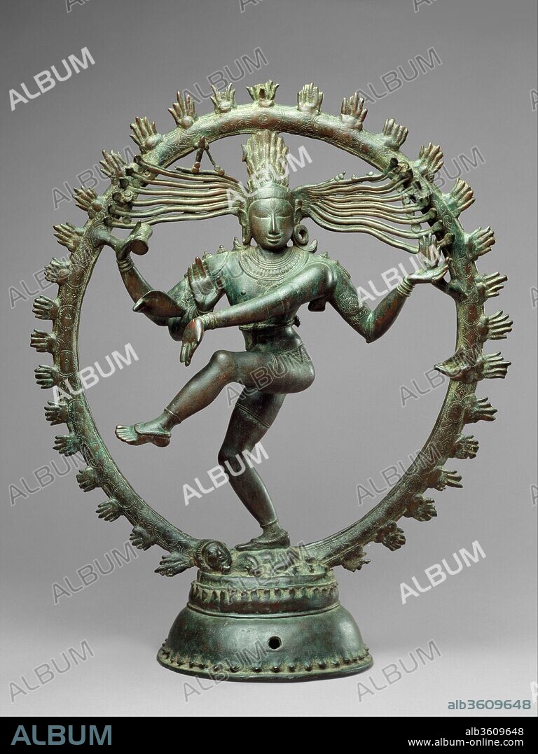 Shiva as Lord of Dance (Nataraja). Culture: Indian (Tamil Nadu). Dimensions: H. 26 7/8 in. (68.3 cm); Diam. 22 1/4 in. (56.5 cm). Date: ca. 11th century.
As a symbol, Shiva Nataraja is a brilliant invention. It combines in a single image Shiva's roles as creator, preserver, and destroyer of the universe and conveys the Indian conception of the never-ending cycle of time. Although it appeared in sculpture as early as the fifth century, its present, world-famous form evolved under the rule of the Cholas. Shiva's dance is set within a flaming halo. The god holds in his upper right hand the damaru (hand drum that made the first sounds of creation). His upper left hand holds agni (the fire that will destroy the universe). With his lower right hand, he makes abhayamudra (the gesture that allays fear). The dwarflike figure being trampled by his right foot represents apasmara purusha (illusion, which leads mankind astray). Shiva's front left hand, pointing to his raised left foot, signifies refuge for the troubled soul. The energy of his dance makes his hair fly to the sides. The symbols imply that, through belief in Shiva, his devotees can achieve salvation.