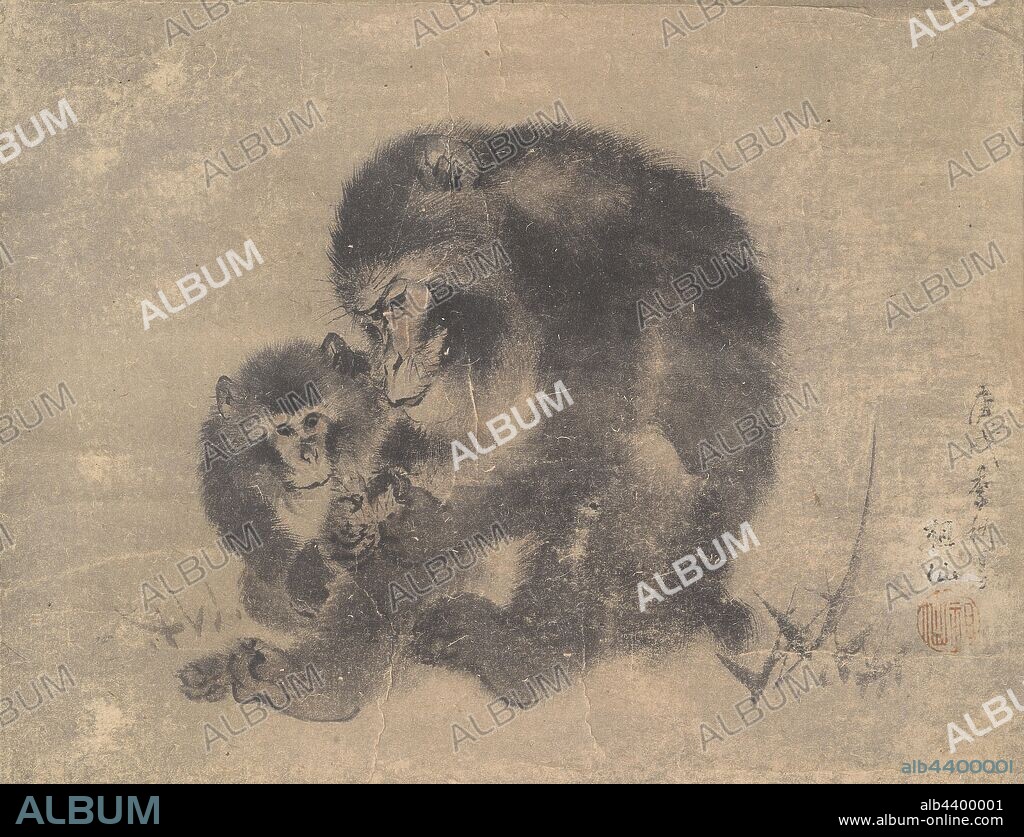 Monkey and Offspring, Mori Sosen (Japanese, 1747-1821), Edo, 1790, ink on paper, 11-1/2 in. x 9 in. (image), Signed: Sosen Circular relief seal: [Sosen], Asian Art.