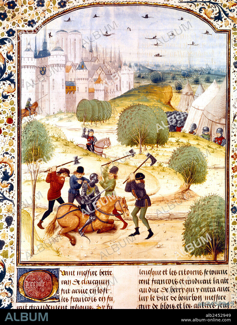 FRENCH SCHOOL (15TH CENTURY). Assassinat a la hache d'un chevalier anglais devant Paris lors du siege de la ville en 1437 (guerre de Cent Ans), enluminure extraite du manuscrit intitule "Chroniques d'Angleterre" redige par Jean de Wavrin au 15e siecle, coll. BNF-Paris (FR 87 folio 299v) --- Assassination of an English knight outside Paris in 1437 (100 years war) illumination from Chronicles of England written by Jean de Wavrin at the 15th century.