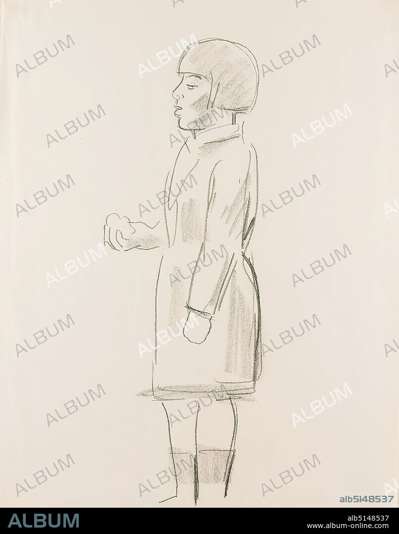 Gustav Heinrich Wolff, standing in profile (garlic seller?), drawing paper, drawing charcoal, drawing, charcoal on drawing paper, total (slightly trimmed lower right? ): Height: 33.3 cm; Width: 26.7 cm, drawing, graphics, Sketches, Standing Figure, Woman, Fashion, Clothing, Hairstyle Fashion, Hair Fashion, Market, Classic Modernism, Standing Woman with Pageboy Cut in Dress with Scarf and Holding Something in Her Right Hand, from the Sketchbook early 1928. Cf. similar sketch Inv.nr. EG1989.1.250, there inscribed: de lail! (garlic!).