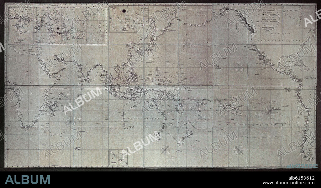 JOSÉ MARÍA ESPINOSA PRIETO. CARTA DE VIAJES DE MALASPINA - OCEANO PACIFICO E INDICO - SIGLO XVIII.