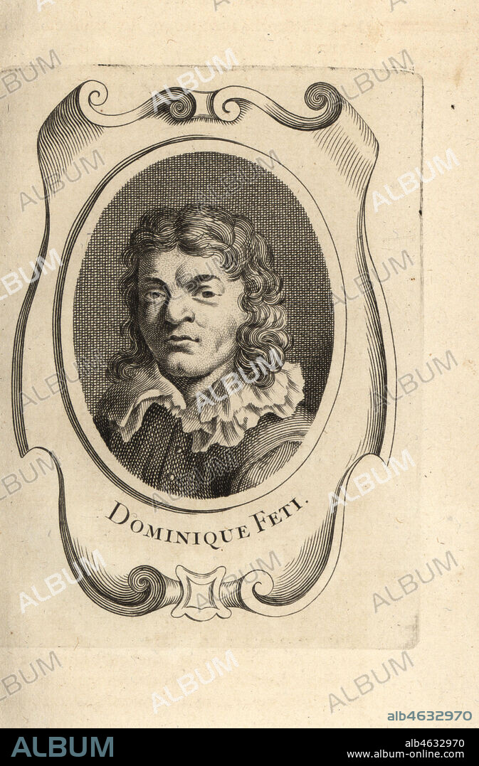Portrait of Domenico Fetti, Italian Baroque painter 1589-1623. Dominique Feti. Copperplate engraving from Antoine-Joseph Dezallier dArgenvilles Abrege de la vie des plus fameux peintres, Lives of the most Famous Artists, de Bure lAine, Paris, 1762.
