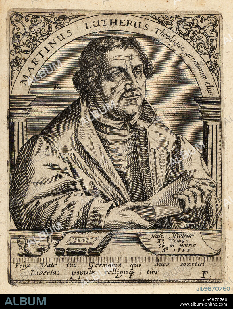 Martin Luther, 1483-1546, German professor of theology, composer, priest, monk, and a seminal figure in the Protestant Reformation. Martinus Lutherus Theologus germania elias. Copperplate engraving by Johann Theodore de Bry from Jean-Jacques Boissards Bibliotheca Chalcographica, Johann Ammonius, Frankfurt, 1650.