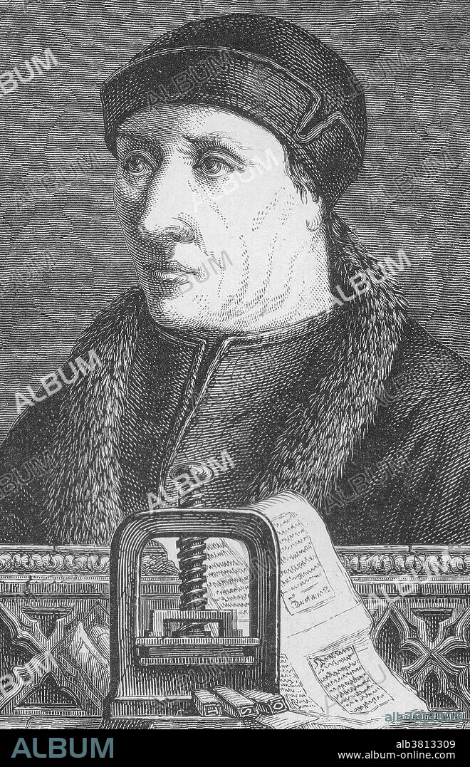 Laurens Janszoon Coster (1370 - 1440) is the name of a purported inventor of a printing press from Haarlem. He discovered printing simultaneously with Gutenberg and is regarded in the Netherlands as having invented printing first. According to Hadrianus Junius, sometime in the 1420s, Coster was in the Haarlemmerhout carving letters from bark for the amusement of his grandchildren, and observed that the letters left impressions on the sand. He proceeded to invent a new type of ink that didn't run, and he began a printing company based on his invention with a primitive typesetting arrangement using moveable type. Using wooden letters at first, he later used lead and tin movable type. His company prospered and grew. He is said to have printed several books including Speculum Humanae Salvationis with several assistants including the letter cutter Johann Fust (often spelled Faust) who, when Laurens was nearing death, broke his promise of secrecy and stole his presses and type and started his own printing company. Coster probably perished in the plague that visited Haarlem in 1439-40. There are no known works printed by Laurens. Illustration from Vies Des Savants Illustrates, Savants Du Moyen-Age by Louis Figuier, 1883.
