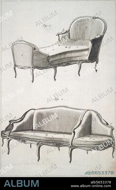 Habitat : mobilier / Siège. "La Duchesse à bateau et la duchesse avec encognure". Gravure sur cuivre de Benard d'ap. Radel. In : D. Diderot et J. B. D'Alembert, Encyclopédie des Sciences, des Arts et des Métiers, 1751-1781. Berlin, Sammlung Archiv für Kunst und Geschichte.