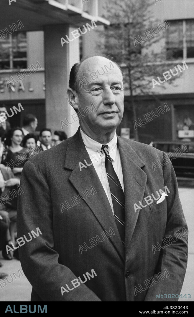 Former Ambassador to the United Nations, (1961-1965), Adlai Stevenson in front of the UN Embassy; undated.