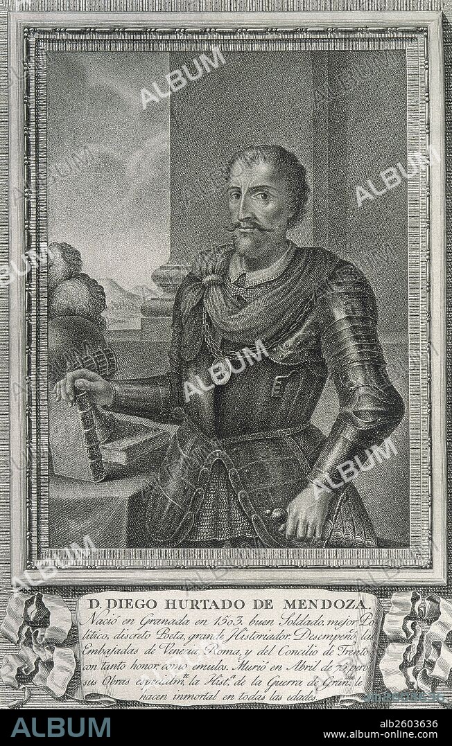 DIEGO HURTADO DE MENDOZA Y PACHECO (Granada, 1503-Madrid, 1575). Diplomático y poeta español. Luchó en las Alpujarras contra los moriscos, lo que reflejó en su relato "Guerra de Granada" (1627). Publicó también otras obras, todas en verso. Grabado de "Retratos de los españoles ilustres", editado por la Imprenta de Madrid. Año 1791.