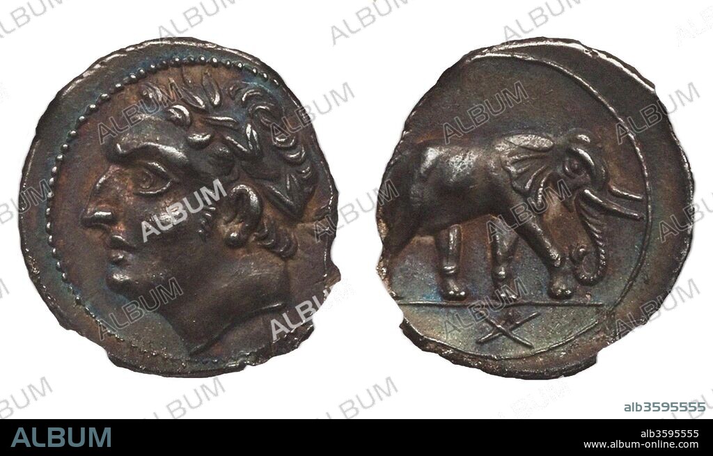 ANCIENT COINS NUMISMATIC. Coin of Hannibal Barca. Carthage. (Obverse: Hannibal, Reverse: Elephant).