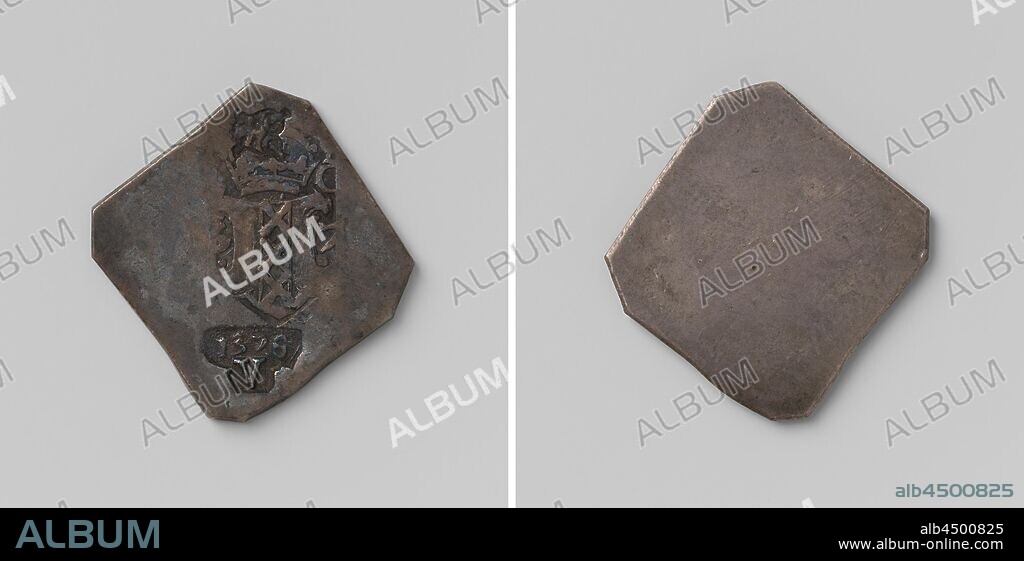 Siege of Amsterdam, emergency coin of five pennies minted from the silver of the Nieuwe Kerk, one-sided, diamond shaped emergency coin with beveled corners. Front: three stamps, from bottom to top: mint master's mark: flint steel, partially crossed over second stamp: city coat of arms: crowned coat of arms, left part of number 5, right of 7 visible, right of crown: number 0 visible, year above letter V. Reverse: blank, Amsterdam, anonymous, 1578 - 1631, silver (metal), striking (metalworking), h 3.2 cm × w 3.1 cm × w 3.53 gr.