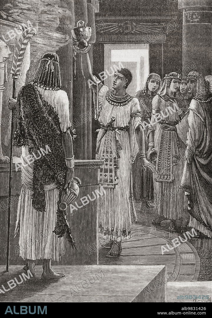 Wahibre Psamtik I, aka Psammeticus or Psammetichus, 664-610 BC. King of the 26th Dynasty of Egypt. On the last day of a feast in Hephaestus temple the high priest brought out the golden phials for the libation, but counted wrongly and gave out eleven to the twelve kings therein assembled, Psammetichus who had not received a phial, removed his bronze helmet and poured the libation into it. The other kings remembering that the oracle had promised the sovereignty of all Egypt to whosoever should pour libations from a vessel of bronze exiled Psammetichus to the Nile delta marshes. From Cassell's Universal History, published 1888.
