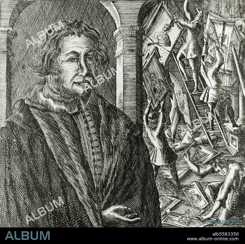 Karlstadt (eigentl. Andreas Bodenstein). Reformator. Theologe. um 1480-1541. - Bildnis Karlstadts (rechts im Hintergrund ist der Bildersturm vom 6. Februar 1522 dargestellt, als dessen Initiator Karlstadt gilt). Kupferstich, um 1700; 17,7 × 15 cm.