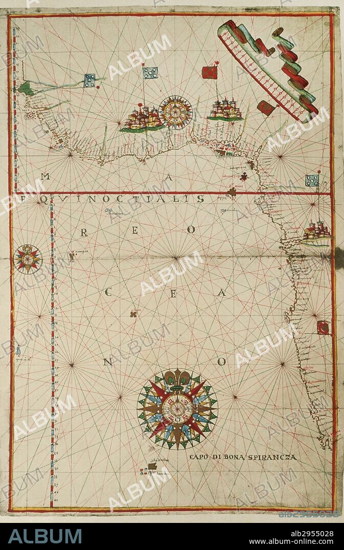 MAPA DE LA COSTA OESTE DEL CONTINENTE AFRICANO, DESDE EL NORTE DEL GOLFO DE GUINEA HASTA EL CABO DE BUENA ESPERANZA. ATLAS PORTULANO o Carta Náutica de JOAN MARTINES, cartógrafo español, perteneciente a la Escuela Mallorquina. El manuscrito consta de diecinueve mapas a doble folio. Messina (Sicilia), 1587. Biblioteca Nacional, Madrid. España.