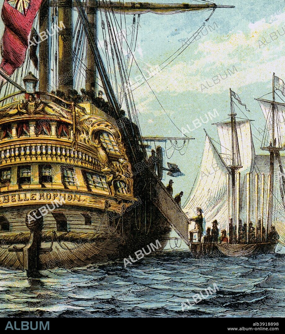 'Napoleon In The Bellerophon', 1815 (c1850s). After his defeat at Waterloo and a failed attempt to escape to the United States, Napoleon surrendered to Captain Maitland on board HMS 'Bellerophon' on 15 July 1815. Bellerophon transported Napoleon to Plymouth harbour, where he remained on board before being transferred to HMS 'Northumberland which carried him to his final exile on St Helena. Colour plate taken from the book Pictures of English History, George Routledge And Sons, (London, New York, c1850).
